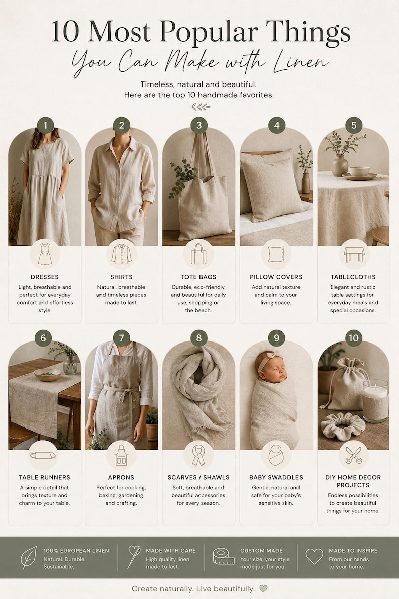 May include: An infographic titled 10 Most Popular Things You Can Make with Linen, featuring ten numbered sections displaying items like dresses, shirts, tote bags, pillow covers, tablecloths, table runners, aprons, scarves, baby swaddles, and home decor.