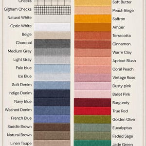 May include: A color chart featuring two columns of fabric swatches with corresponding labels. The left column includes neutrals, blues, and browns, while the right column displays stripes, yellows, oranges, pinks, reds, and greens. Text reads COLOR CHART.
