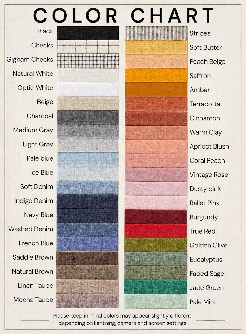 May include: A color chart featuring two columns of fabric swatches with corresponding labels. The left column includes neutrals, blues, and browns, while the right column displays stripes, yellows, oranges, pinks, reds, and greens. Text reads COLOR CHART.