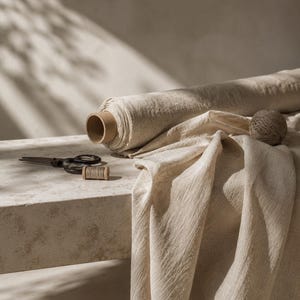 May include: A large roll of beige textured fabric with a loose end draped downward. Beside the roll are a pair of dark metal scissors, a small wooden spool of matching beige thread, and a small ball of twine, all arranged on a stone surface.