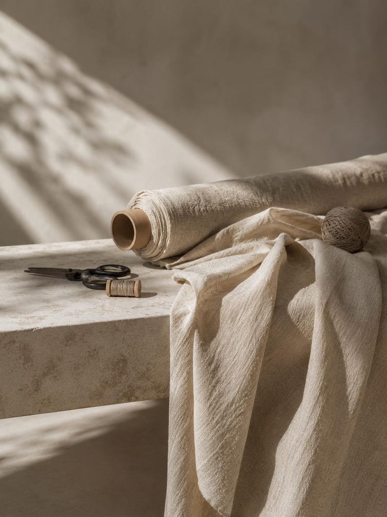 May include: A large roll of beige textured fabric with a loose end draped downward. Beside the roll are a pair of dark metal scissors, a small wooden spool of matching beige thread, and a small ball of twine, all arranged on a stone surface.
