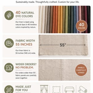 May include: An advertisement for linen fabric. The image showcases 40 natural dye colours, a fabric width of 140 cm, and custom order options. The text highlights the fabric's natural and beautiful qualities.