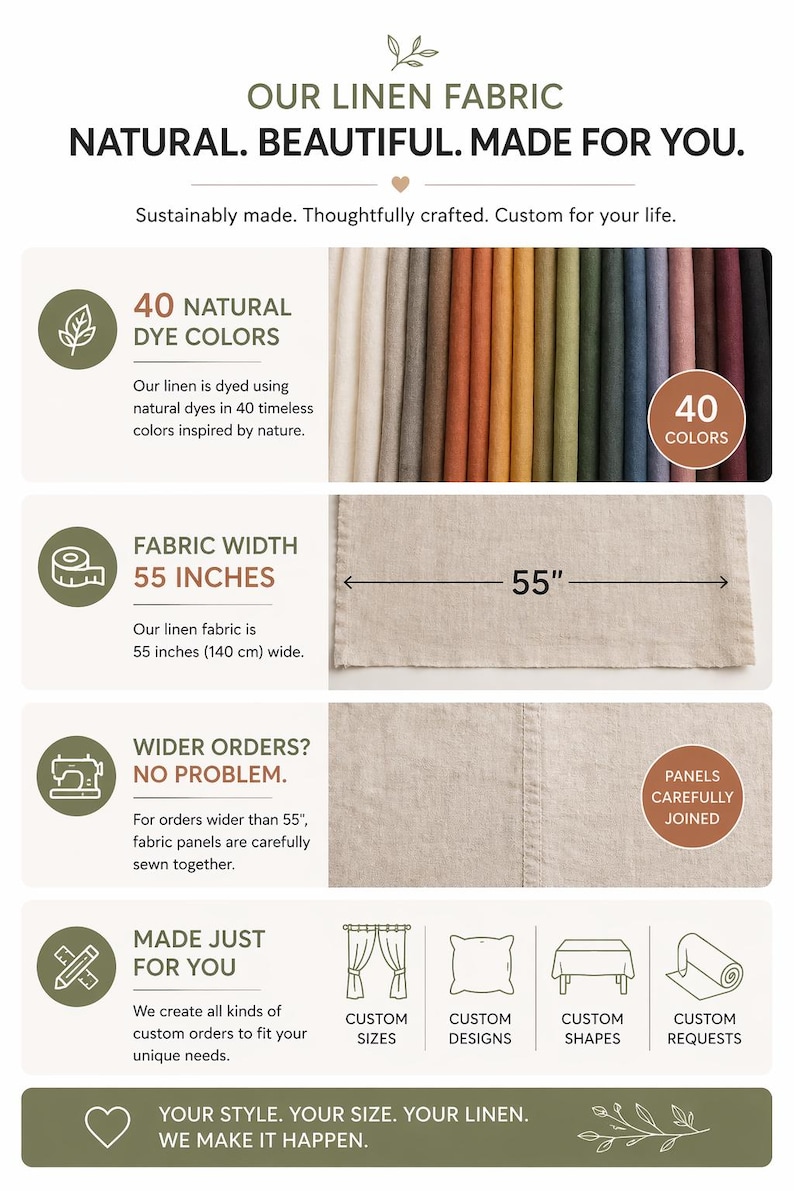 May include: An advertisement for linen fabric. The image showcases 40 natural dye colours, a fabric width of 140 cm, and custom order options. The text highlights the fabric's natural and beautiful qualities.