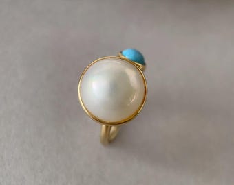 Anillo de perla Mabe de agua dulce | Anillo de turquesa / Plata 925 bañada en oro / Joyería diaria para ella