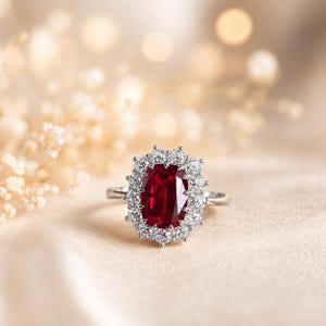 Peut inclure: Une bague en argent ornée d'un grand rubis ovale, entouré de petits diamants clairs. Le rubis est d'un rouge profond, et les pierres environnantes scintillent. La bague est posée sur une surface crème.