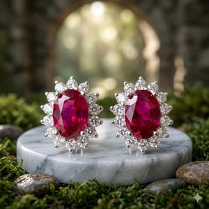 Könnte beinhalten: Ein Paar Ohrringe mit oval geschliffenen Rubinen, die jeweils von einem Kranz aus kleinen, runden Diamanten umgeben sind. Die Ohrringe sind in Silber gefasst. Sie liegen auf einer Marmoroberfläche, umgeben von Grün.
