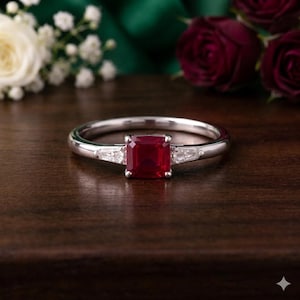 May include: A silver ring with a square, deep red gemstone at the center, flanked by two smaller, white, rectangular stones. The ring is set against a dark wooden surface, with flowers in the background.