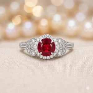 May include: A silver ring featuring a large, round, deep red gemstone at the centre, surrounded by a halo of small, clear, round-cut stones. The band is crafted from silver metal with intricate detailing along the sides and a polished finish.