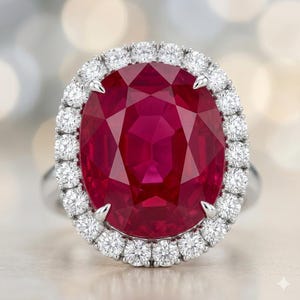 May include: A ring featuring a large, oval-cut, deep red ruby as the center stone. The ruby is surrounded by a halo of small, round, brilliant-cut white diamonds set in a polished silver-toned metal band, creating a classic and elegant appearance.