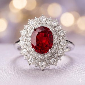 Op de afbeelding: Een zilverkleurige ring met een grote, ovaal geslepen dieprode edelsteen in het midden. De centrale steen is omringd door twee concentrische halo's van kleine, ronde, helderwitte steentjes, wat zorgt voor een bloemachtig ontwerp op de band.
