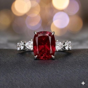 May include: A silver ring featuring a large, rectangular, deep red gemstone as the centerpiece. The band is adorned with smaller, clear gemstones in a floral pattern on either side of the main stone. The background is blurred with warm, golden tones.