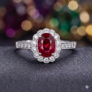 1.95 CT Oval Cut Natural Ruby & Diamond Engagement Ring | 14K White Gold (IGL Certified)