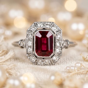 2.00 CT Emerald Cut Natural Ruby & Diamond Engagement Ring | 14K White Gold (IGL Certified)