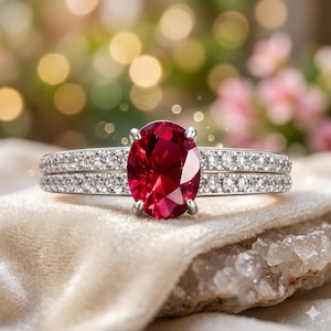 Puede incluir: Un anillo de tono plateado con una gran piedra preciosa de color rojo intenso y corte ovalado en el centro, sujeta por cuatro garras. La banda está dividida en dos filas paralelas, cada una incrustada con numerosas piedras pequeñas y brillantes.
