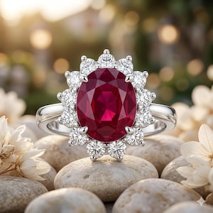 5.60 CT Oval Cut Natural Ruby & Diamond Engagement Ring | 14K White Gold (IGL Certified)