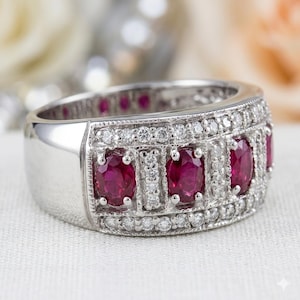 3,00 CT oval rubin diamant halv alliansring | 14K vitguld (IGL-certifierad)