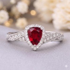 1.60 CT Pear Cut Natural Ruby & Diamond Engagement Ring | 14K White Gold (IGL Certified)