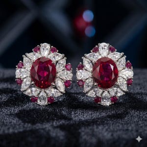 Puede incluir: Un par de pendientes con una gran piedra central de corte ovalado en color rojo intenso, rodeada por un halo de piedras blancas transparentes de corte marquesa y piedras rojas más pequeñas de corte redondo en diseño simétrico.
