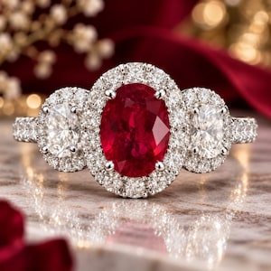 Puede incluir: Un anillo de tres piedras con un rubí rojo central de corte ovalado rodeado por un halo de pequeños diamantes blancos redondos. Dos diamantes blancos de corte ovalado más pequeños flanquean la piedra central, cada uno con su halo.