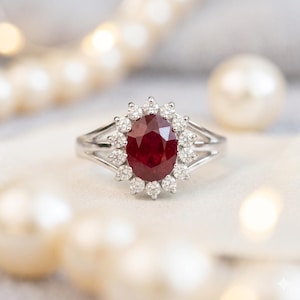 4.25 CT Oval Cut Natural Ruby & Diamond Engagement Ring | 14K White Gold (IGL Certified)