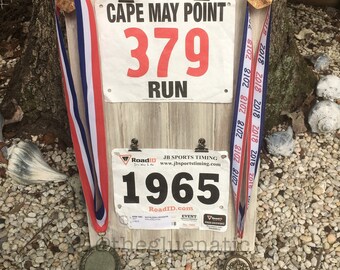 Running Race Triathlon Bib and Medal Holder Rustic Distressed Wood Barn Wood Driftwood