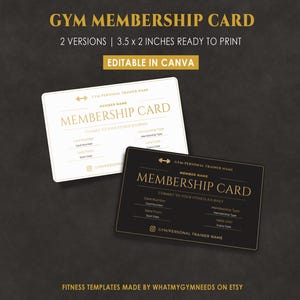 May include: Two rectangular gym membership card templates measuring 3.5 by 2 inches. One card is white with gold text, and the other is black with gold text. Both feature the text Membership Card, fields for member details, and a dumbbell icon.