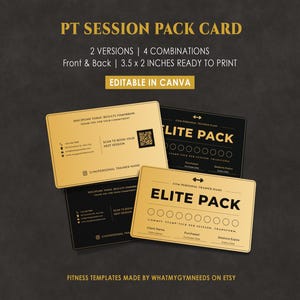 Könnte beinhalten: Goldene und schwarze PT-Session-Pack-Karten mit dem Text "PT SESSION PACK CARD", "ELITE PACK" und "EDITABLE IN CANVA". Die Karten sind 8,89 x 5,08 cm groß und druckfertig. Fitnessvorlagen von whatmygymneeds auf Etsy.