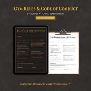 May include: A digital download featuring gym rules and a code of conduct. The text is in gold and white, with two versions available in A4 format. One version is displayed on a tablet, the other on a clipboard. The text reads "Gym Rules & Code of Conduct."