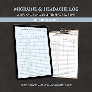 May include: A digital tablet and a clipboard displaying a Migraine & Headache Log template. The white document features columns for date, time, duration, pain level, triggers, and notes, with a header titled Migraine & Headache Log.