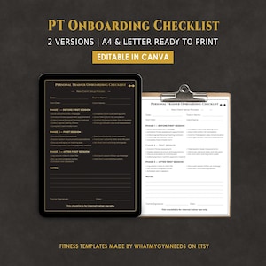 以下が含まれることがあります： 「PT Onboarding Checklist」と書かれたデジタルタブレットとクリップボード。テキストは「2 Versions | A4 & Letter Ready to Print」と「Editable in Canva」です。チェックリストはパーソナルトレーナー向けです。