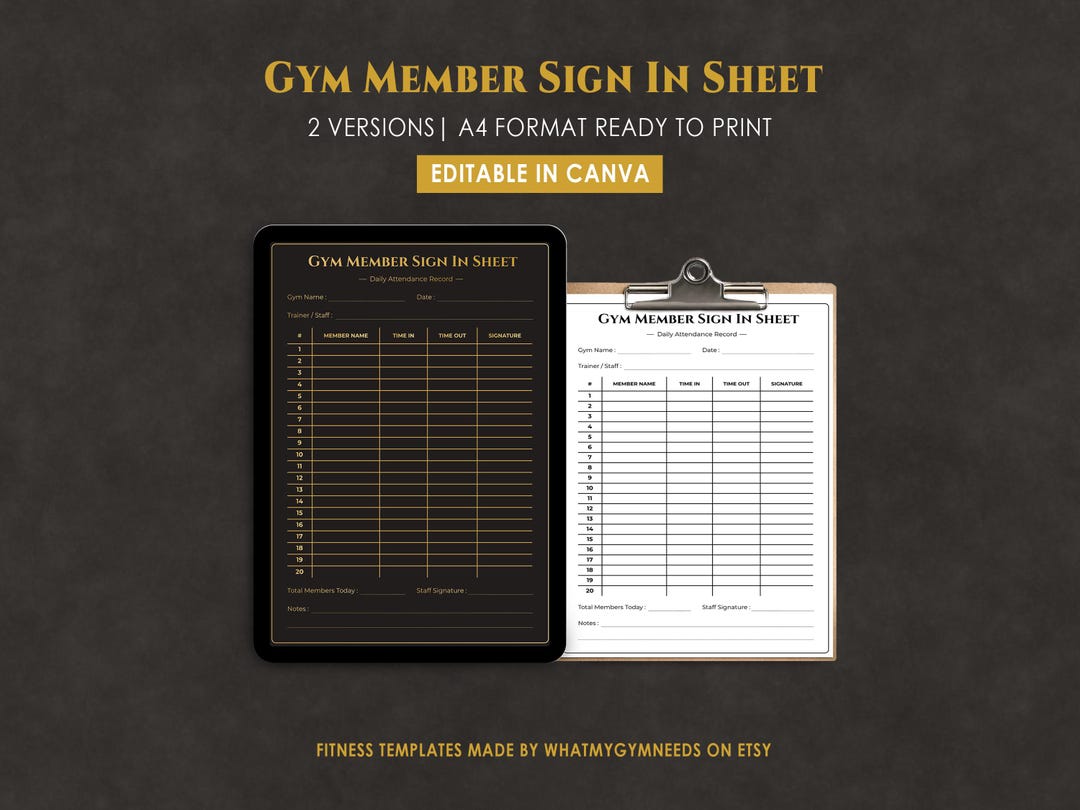 Gym Member Sign in Sheet, Daily Attendance Record, Gym Owner Template ...