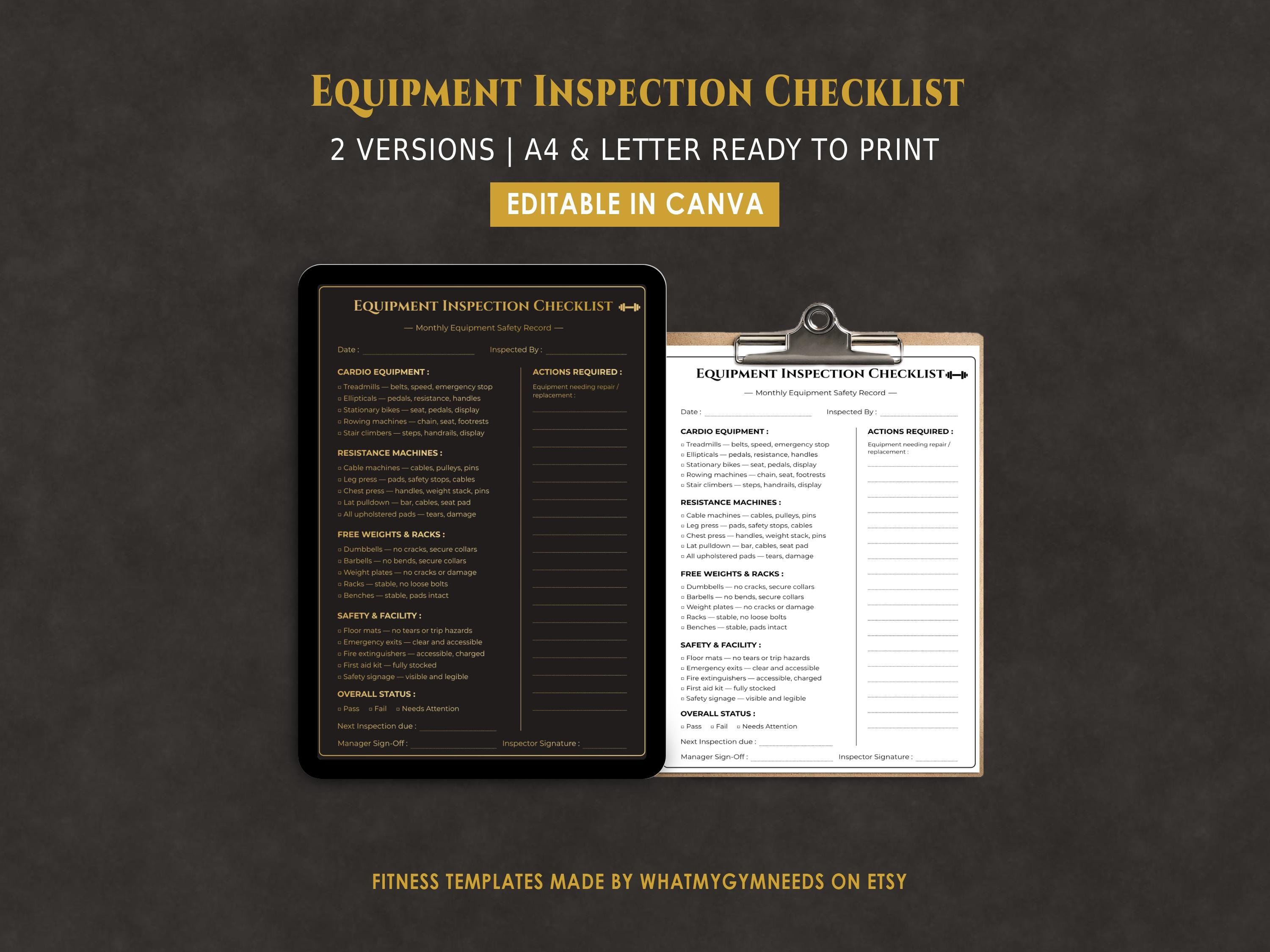 Gym Equipment Inspection Checklist, Editable Canva Template, Printable ...