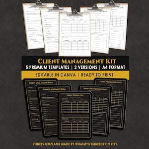 May include: A client management kit with five premium templates in A4 format. The image shows forms on clipboards and digital tablets. The text includes "Client Management Kit," "Editable in Canva," and "Ready to Print."