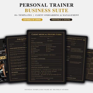 May include: A digital business suite for personal trainers featuring 18+ templates for client onboarding and management. The black and gold documents include a client medical history form, a PAR-Q form, an onboarding checklist, and a weekly planner.