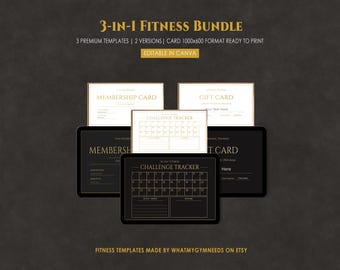 Paquete de fitness 3 en 1, tarjeta de membresía, tarjeta de regalo, rastreador de desafíos, Canva, imprimible, negocio de gimnasio