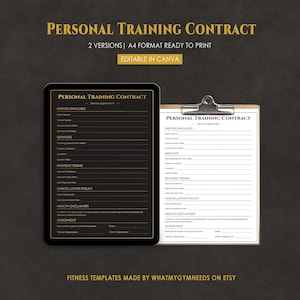 Può includere: Due versioni di un contratto di personal training in formato A4, pronte per la stampa. Una versione è visualizzata su un tablet nero, l'altra su una lavagna a clip. Il testo "PERSONAL TRAINING CONTRACT" è in alto. Il testo "EDITABLE IN CANVA" è anch'esso visibile.