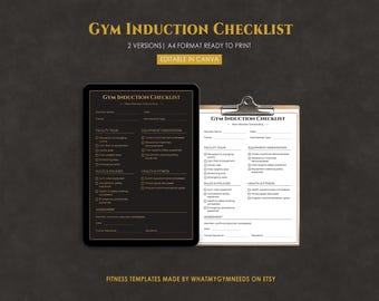 Lista de verificación de inducción al gimnasio, incorporación de nuevos miembros, plantilla para propietarios de gimnasios, Canva, imprimible, negocio de fitness, editable