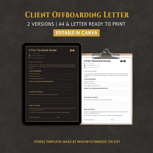 Può includere: Un modello digitale di lettera di offboarding del cliente in due versioni, A4 e Letter, pronto per la stampa. Il modello è modificabile in Canva. Il design presenta uno schema di colori nero e oro con sezioni per il nome della palestra/allenatore e i progressi del cliente.