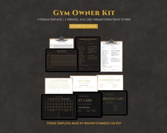 Kit para propietarios de gimnasios, paquete de 5 plantillas para negocios de gimnasios, tarjeta de membresía, tarjeta de regalo, lista de verificación de inducción, Canva, imprimible
