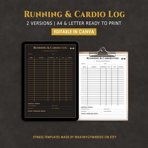 Könnte beinhalten: Eine druckbare Lauf- und Cardio-Logbuch-Vorlage mit zwei Versionen, eine mit schwarzem Hintergrund und goldenem Text und eine mit weißem Hintergrund und schwarzem Text. Beide Blätter enthalten Spalten für Datum, Aktivität, Distanz, Zeit, Tempo und Kalorien.