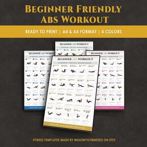 以下が含まれることがあります： Beginner Abs Workoutと題された4枚の印刷可能なワークアウトチャートのセット。青、緑、ピンク、黄色の配色でエクササイズのイラストが描かれています。各チャートには、コアトレーニング用のテキストラベルが付いたフィットネス動作のグリッドが表示されています。