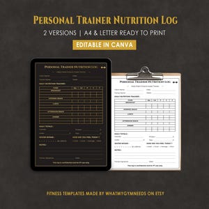 Könnte beinhalten: Ein digitales Tablet und ein Klemmbrett mit einem Ernährungslogbuch für Personal Trainer. Das Logbuch enthält Abschnitte zur Verfolgung der täglichen Nahrungsaufnahme, der Wasseraufnahme und Notizen. Der Text auf dem Bild lautet "Personal Trainer Nutrition Log" und "Editable in Canva."