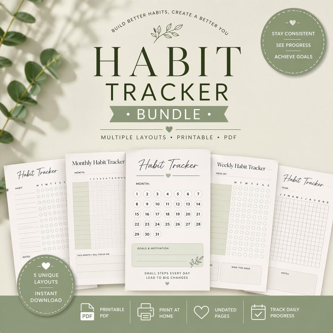 Habit Tracker Bundle Printable PDF Daily Weekly Monthly Planner Goal ...