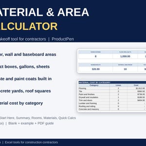 Material Takeoff Calculator Excel Construction Area Calculator Flooring Paint Drywall Concrete Roof Contractor Estimating Spreadsheet