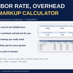 May include: Labor Rate, Overhead & Markup Calculator Excel pricing tool for contractors by ProductPen. Features include true cost of one billable hour, overhead calculation, markup needs, billing rates, and job pricing. Includes 6 sheets.