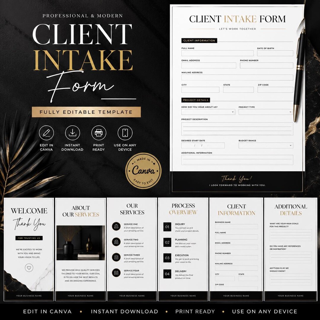 Client Intake Form Template | Luxury Black Gold Canva Editable Welcome ...