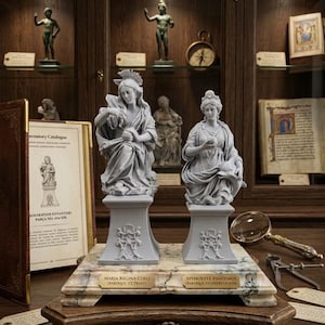 May include: Two gray statues of classical figures on pedestals, labeled "Maria Regina Coeli" and "Aphrodite Pandemos." The statues are displayed on a marble base atop a wooden stand. The background includes a display case with other statues and historical documents.