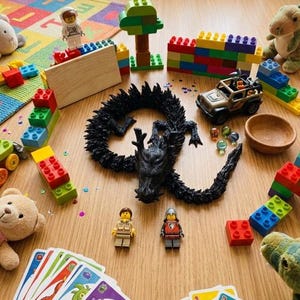 May include: A collection of toys, including colorful building blocks, toy figures, a plush dinosaur, and a black dragon figurine, arranged on a wooden surface. A deck of monster-themed playing cards is also visible.
