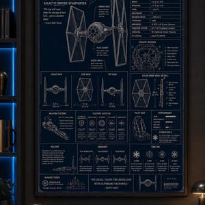 May include: A dark blue technical blueprint poster of a TIE Fighter starfighter. The print features detailed schematics, including front, side, and top views, weapon systems, cockpit interior, and performance data with text in English throughout.