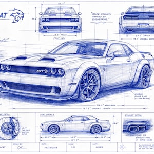May include: A blue ink technical drawing of a Dodge Challenger SRT Hellcat, featuring front, rear, and side views, along with detailed diagrams of the wheels, brakes, exhaust, and hood scoop, including technical specifications and measurements in inches.